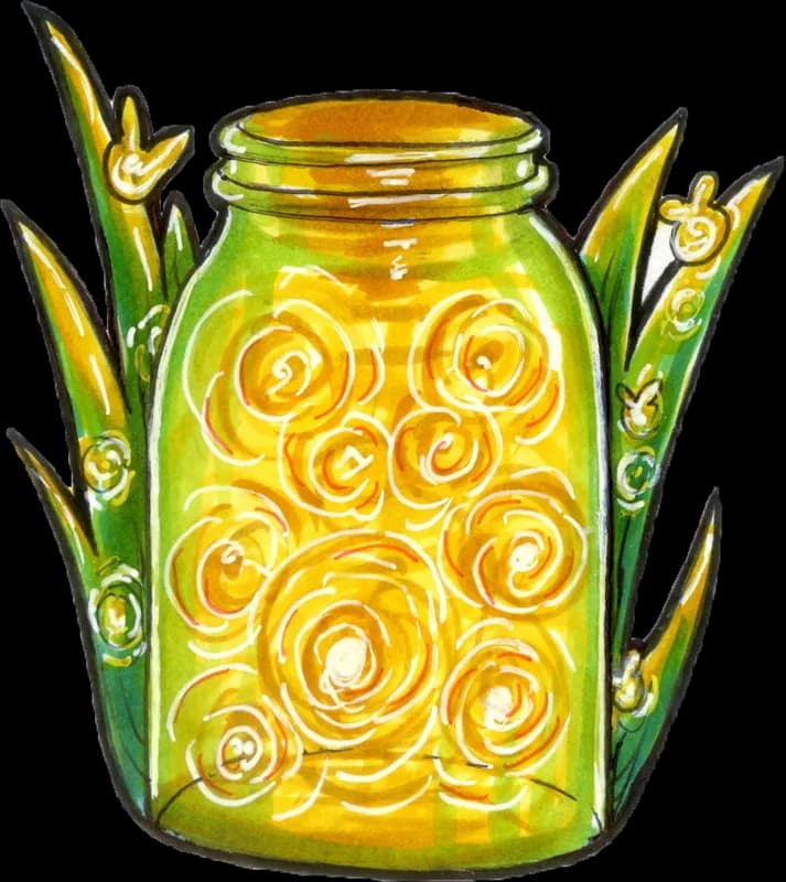 Mason jar glowing with yellow firefly swirls among tall grass