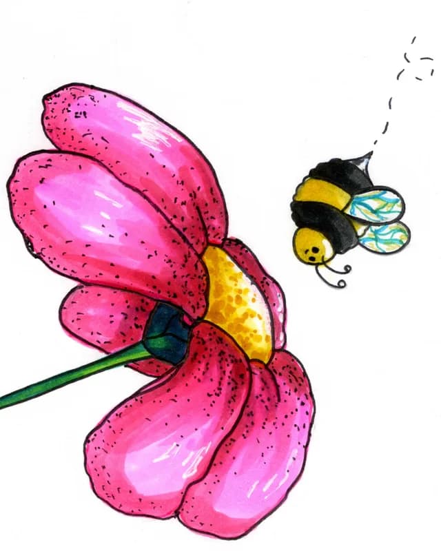 Pink speckled flower with a little bumblebee buzzing beside it