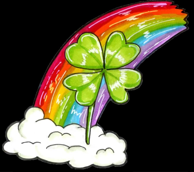 Four-leaf clover in front of a rainbow arching out of a cloud