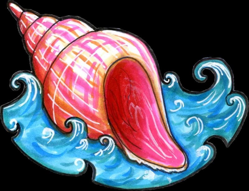 Pink spiral seashell riding a curling blue wave