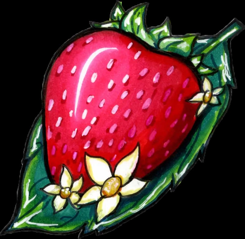 Shiny red strawberry with white blossoms on a green leaf