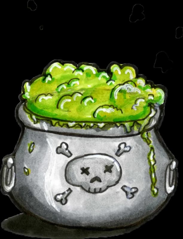 Grey skull-and-crossbones cauldron overflowing with green slime