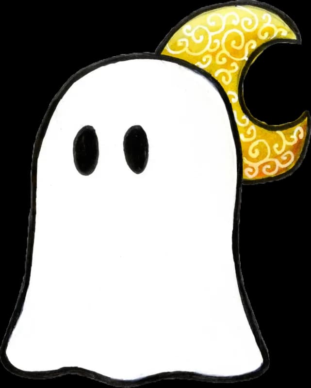 Wide-eyed white ghost beside a swirly golden crescent moon