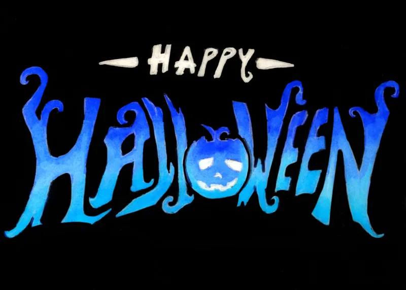 Drippy blue 'Happy Halloween' lettering with a jack-o'-lantern O on black