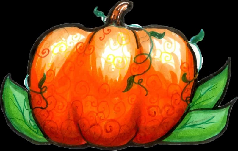 Glossy orange pumpkin with curling vines and green leaves