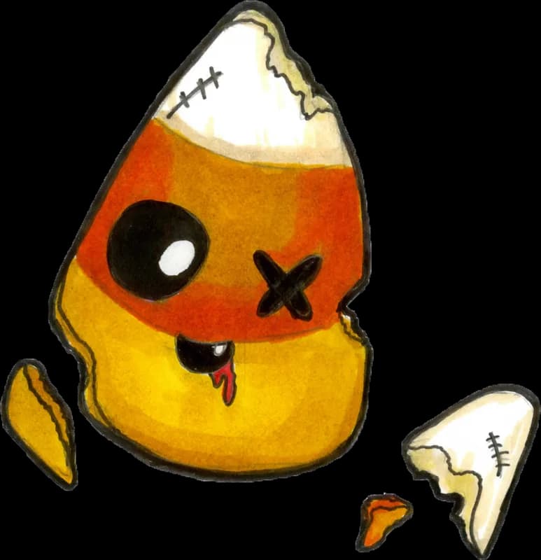 Stitched-up candy corn with one X eye and broken pieces beside it